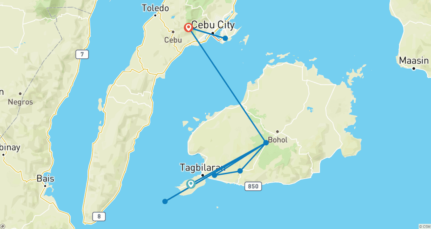 Mapa do percurso de Aventura Privada Personalizada de 7 Dias em Cebu e Bohol (Hotéis de Luxo 4 Estrelas)