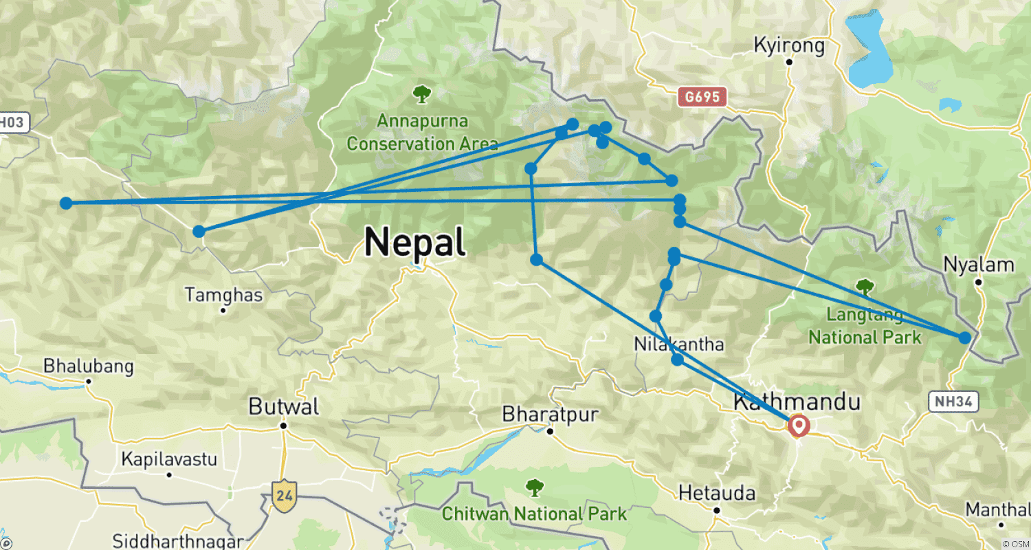 Mapa trasy: Trekking wokół Manaslu 12 dni