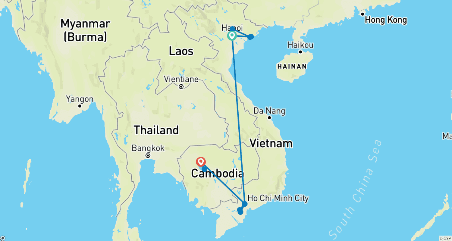 8日間でベトナムとカンボジアを発見する旅のルートマップ