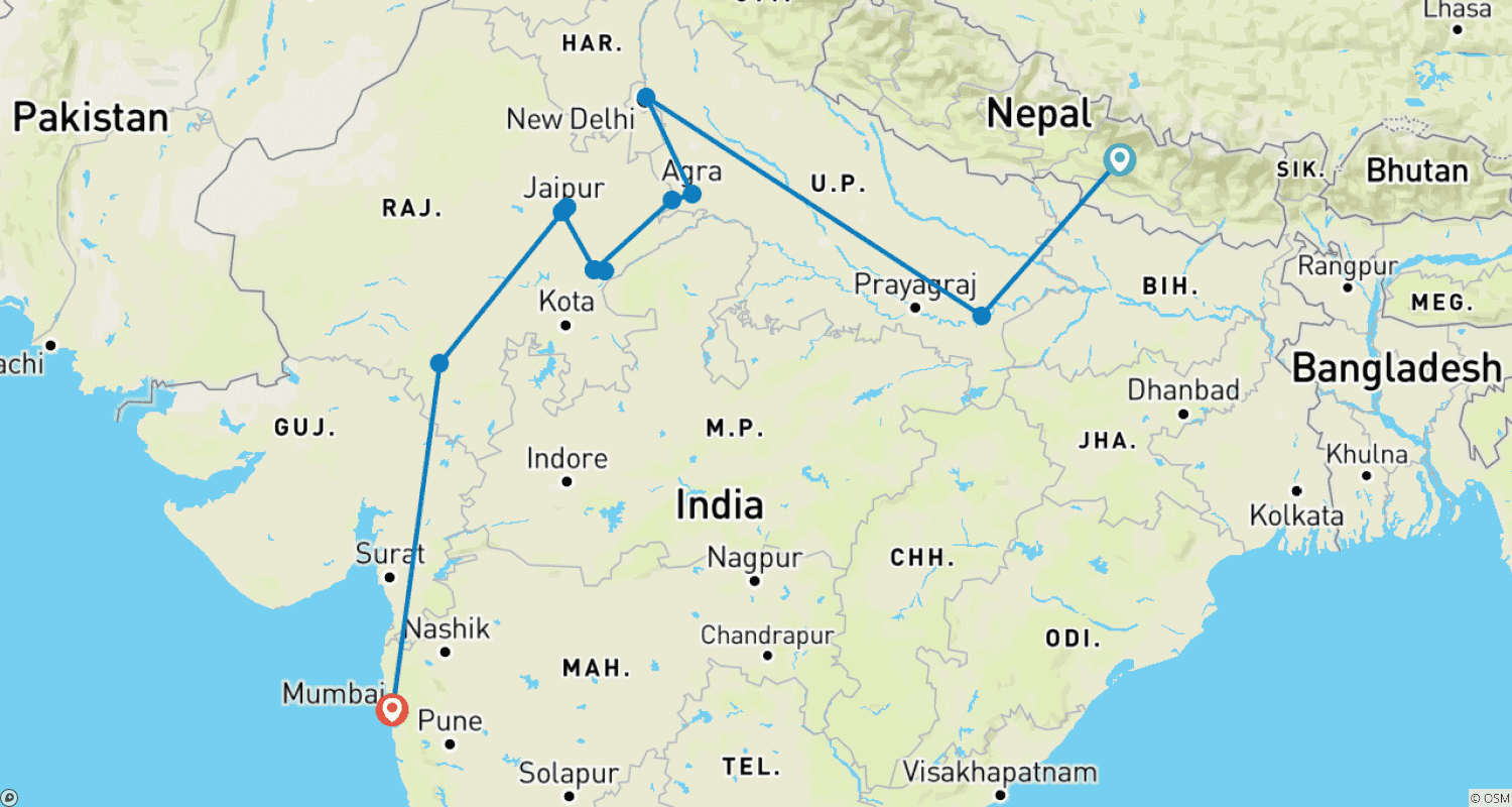Mapa do percurso de Índia: Terra do Taj e dos Tigres com Catmandu, Varanasi, Udaipur e Mumbai