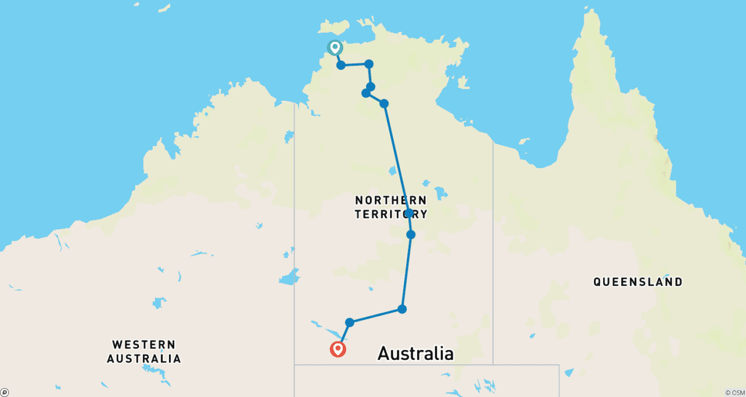 Mapa do percurso de Explorador do Top End e da Austrália Central