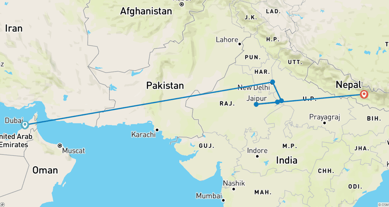 Mapa do percurso de Triângulo Dourado da Índia com Dubai e Catmandu (6 destinos)