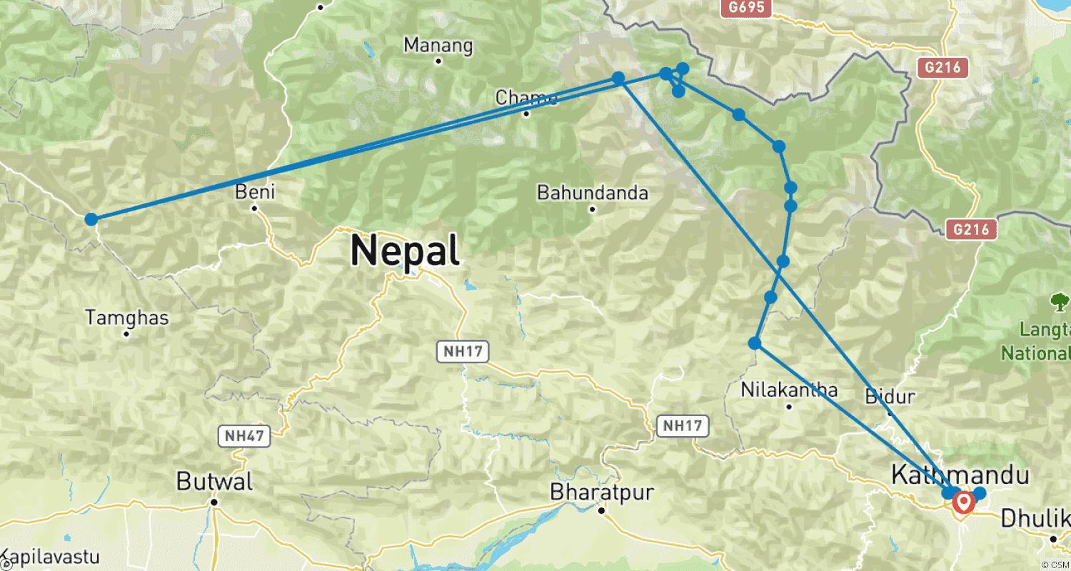 Mapa trasy: Manaslu Circuit Trek 19 Days
