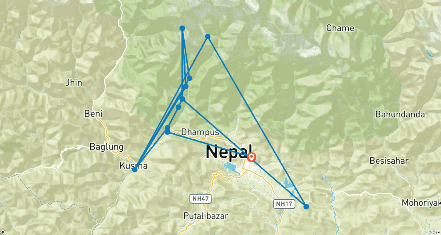 Mapa do percurso de Trekking ao Acampamento Base de Annapurna: 7 dias
