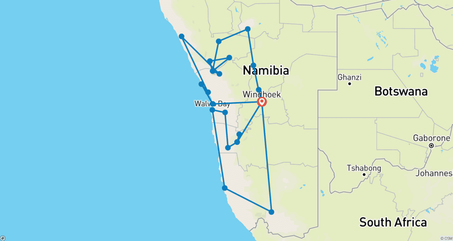 Mapa trasy: Safari po Najważniejszych Atrakcjach Namibii 15 Dni / 14 Nocy