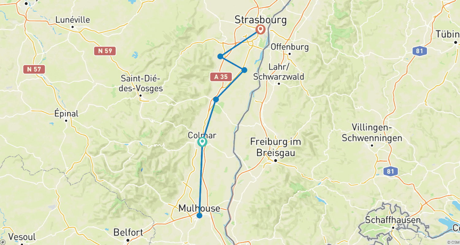 Mapa do percurso de Tour Estrela Dupla Colmar - Osthouse (8 dias)