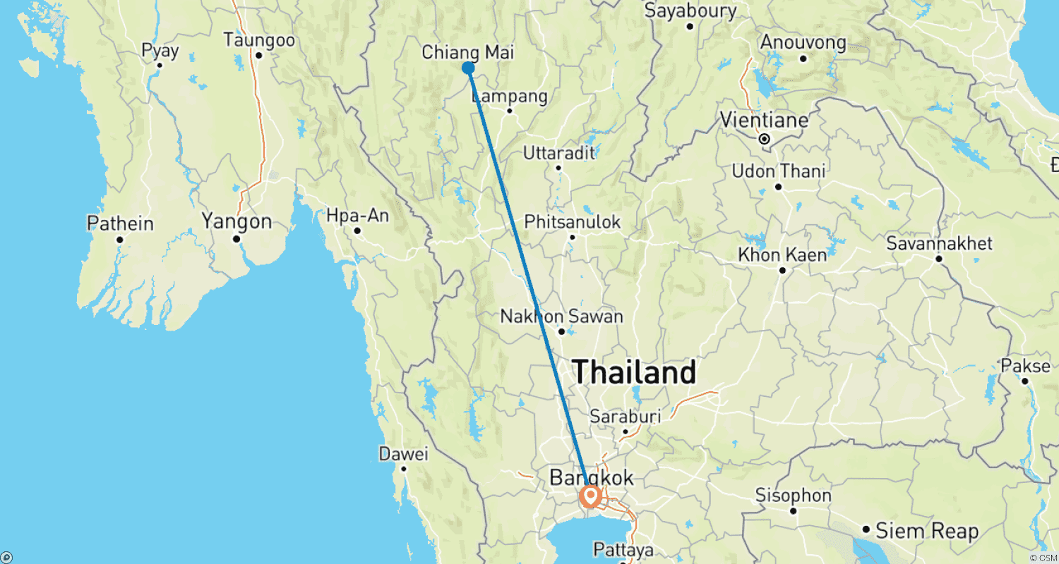 トレッキング＆文化体験、バンコク＆チェンマイ 6泊の旅のルートマップ