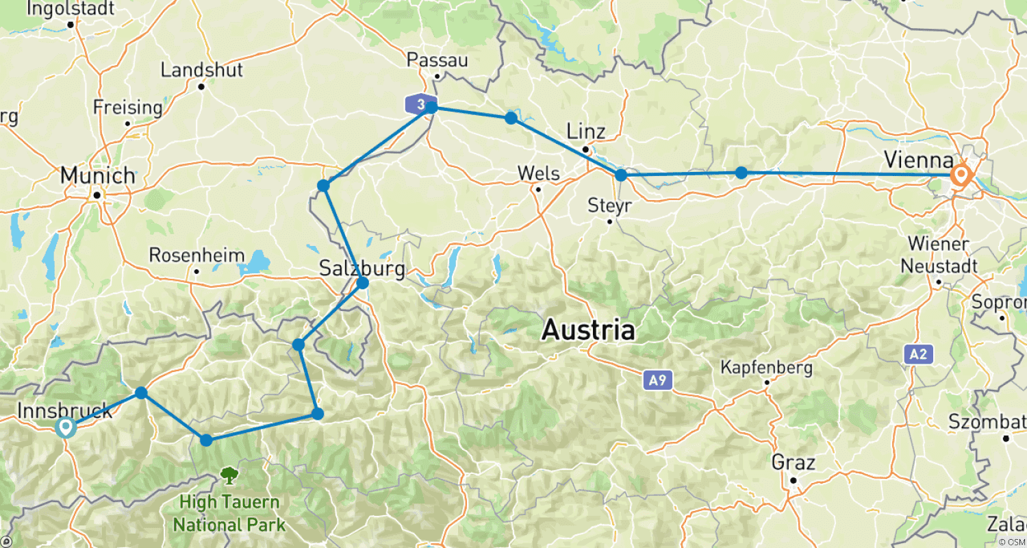 خريطة مسار Innsbruck – Salzburg – فيينا