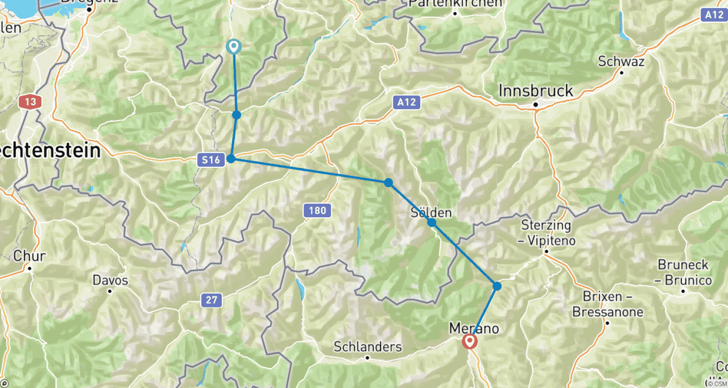 خريطة مسار عبور جبال الألب E5: Oberstdorf – Merano