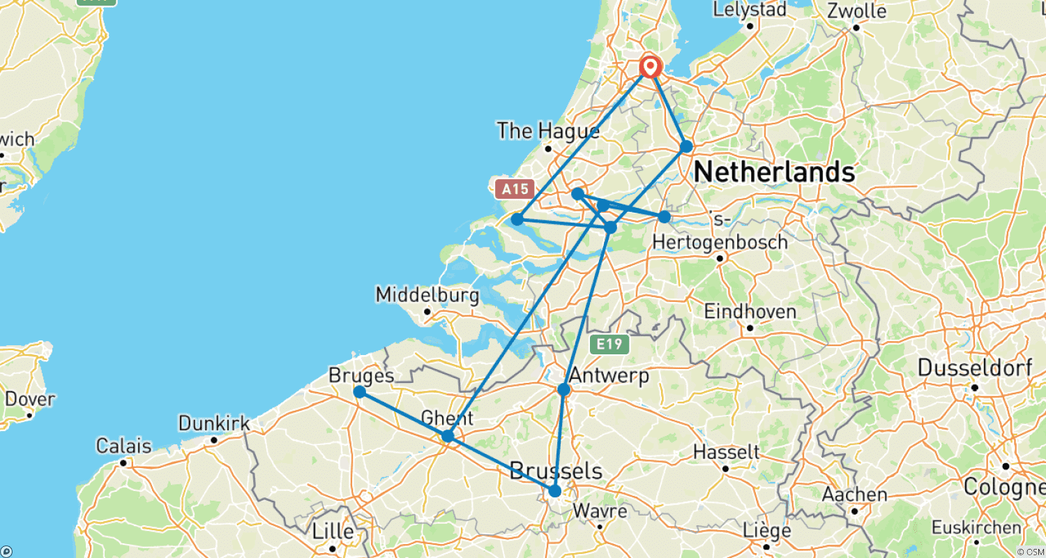Mapa do percurso de O Melhor da Holanda e Bélgica 2024