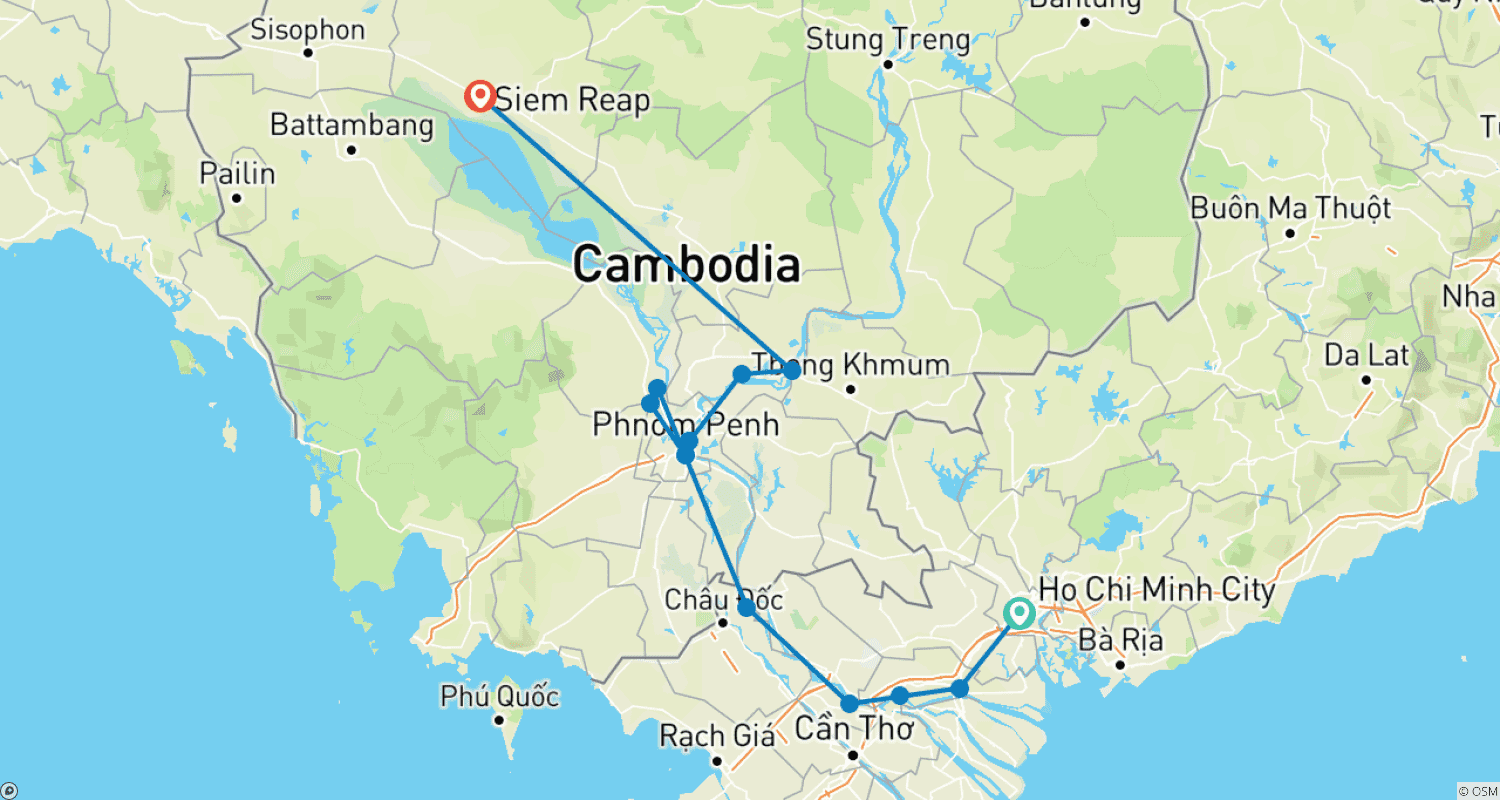 Mapa do percurso de Encantos do Mekong 2024