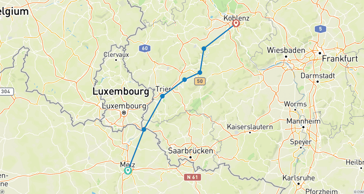 Mapa trasy: Mozela: Metz - Koblencja (8 dni)