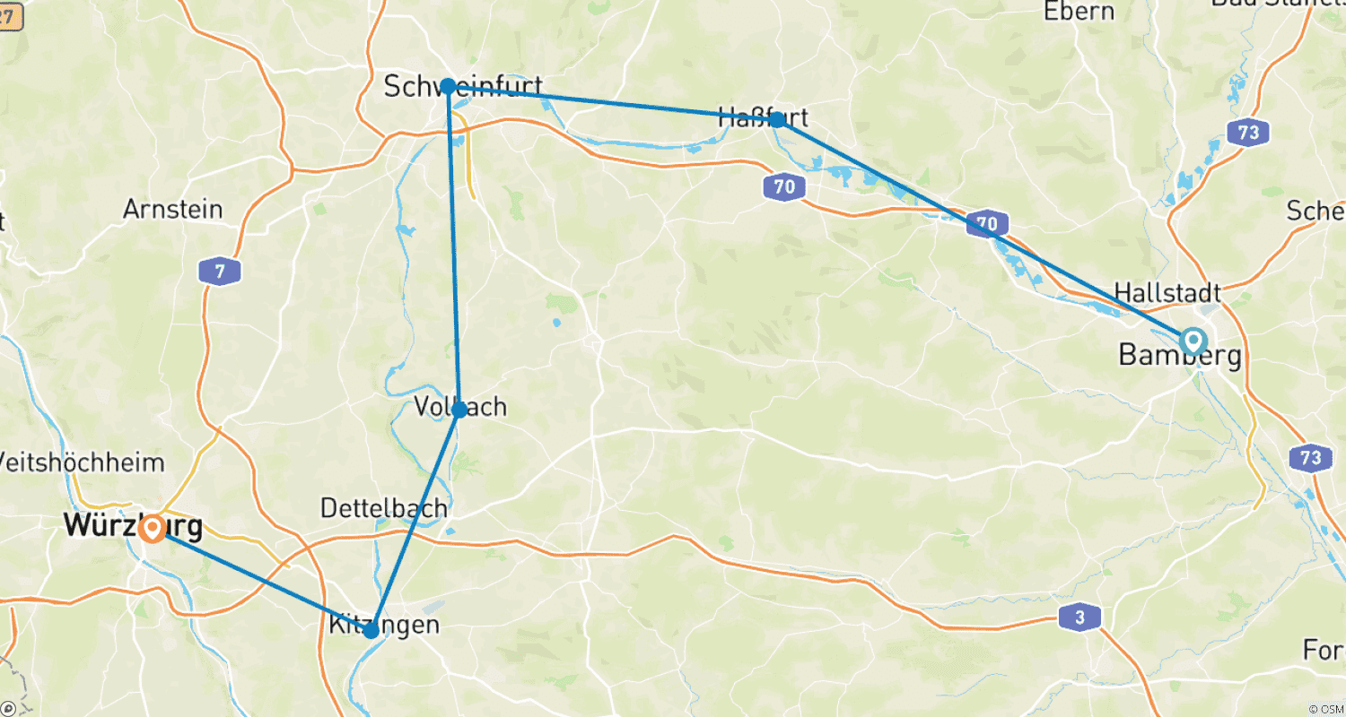 خريطة مسار Main: نزهة من Bamberg إلى Würzburg (7 أيام)