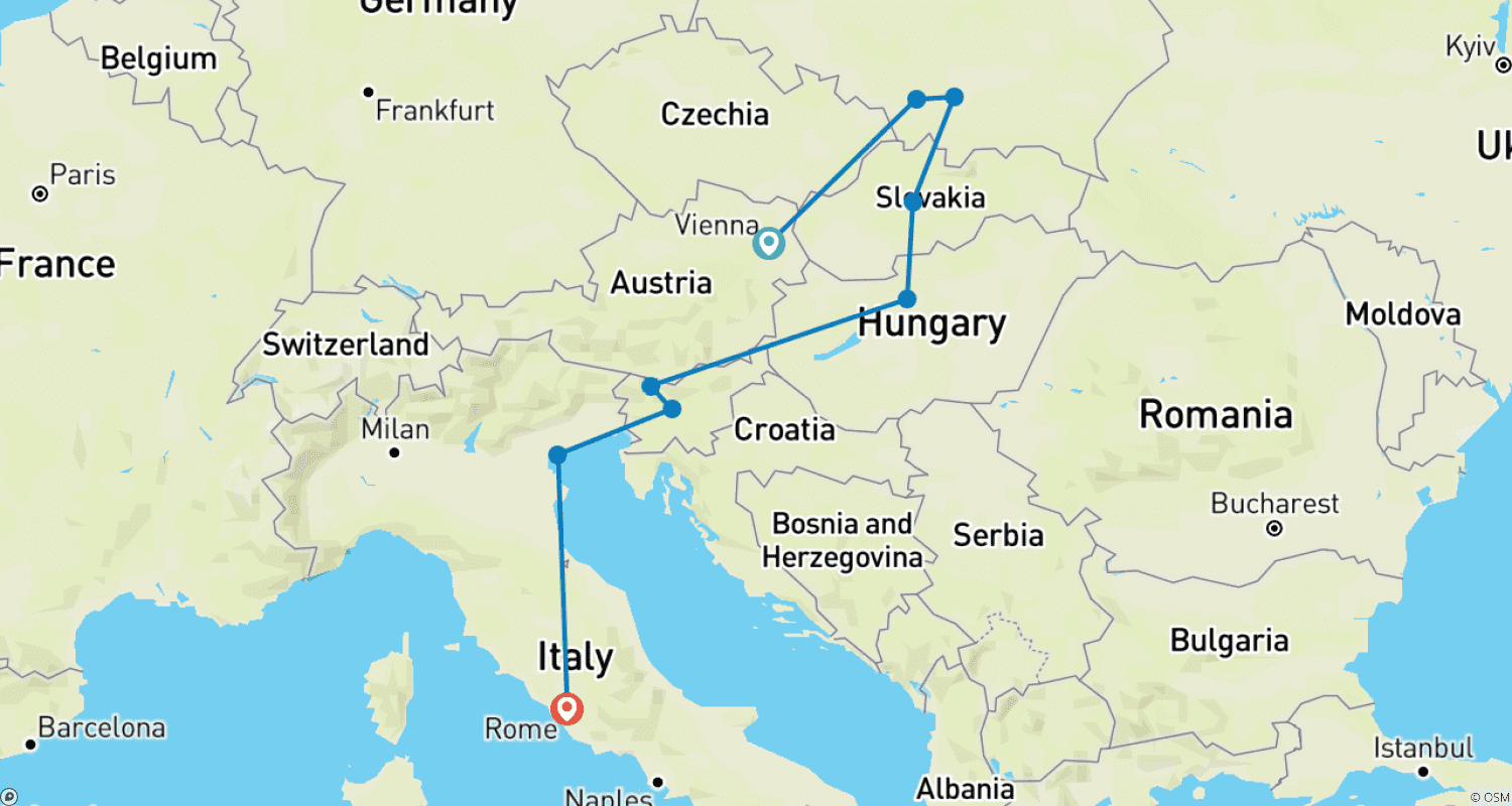 Mapa do percurso de Rota de Viena a Roma (Padrão, Verão (Até Mar '27), Gap 18-22)