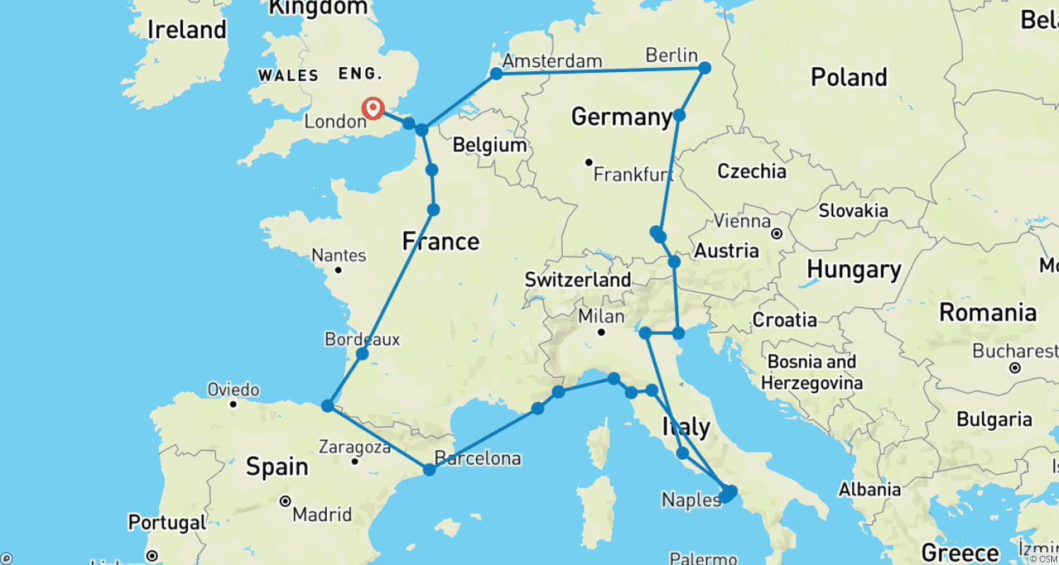 Mapa do percurso de Jornada Europeia (Padrão, Verão (A partir de Mar '27), Início em Paris, Clássico)