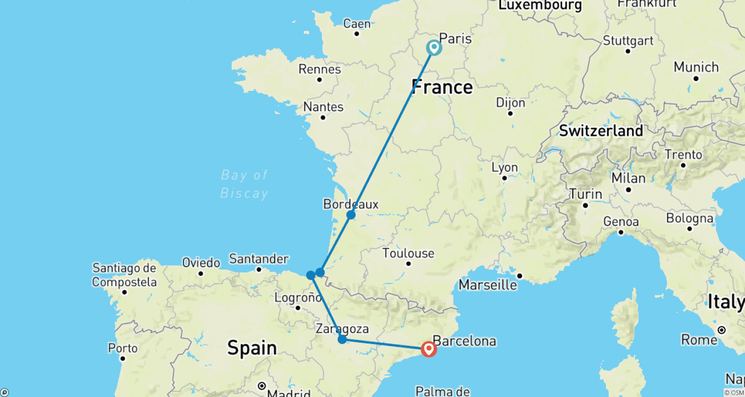 Mapa do percurso de Aventura de Londres a Barcelona (Padrão, Verão (A partir de Abr '27), Início em Paris, Clássico)