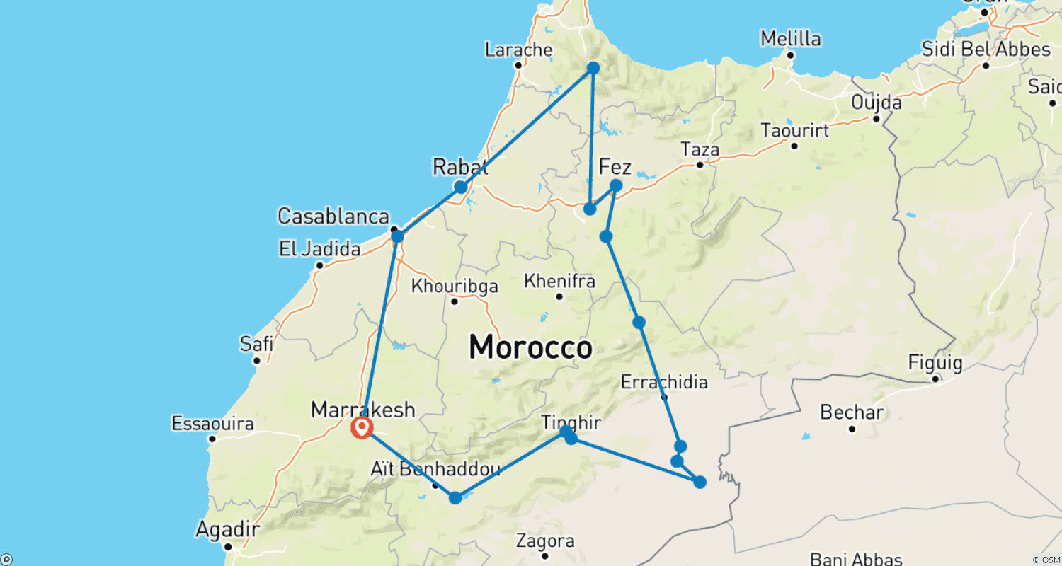 Mapa do percurso de Aventura Marroquina (Idade 27-35)