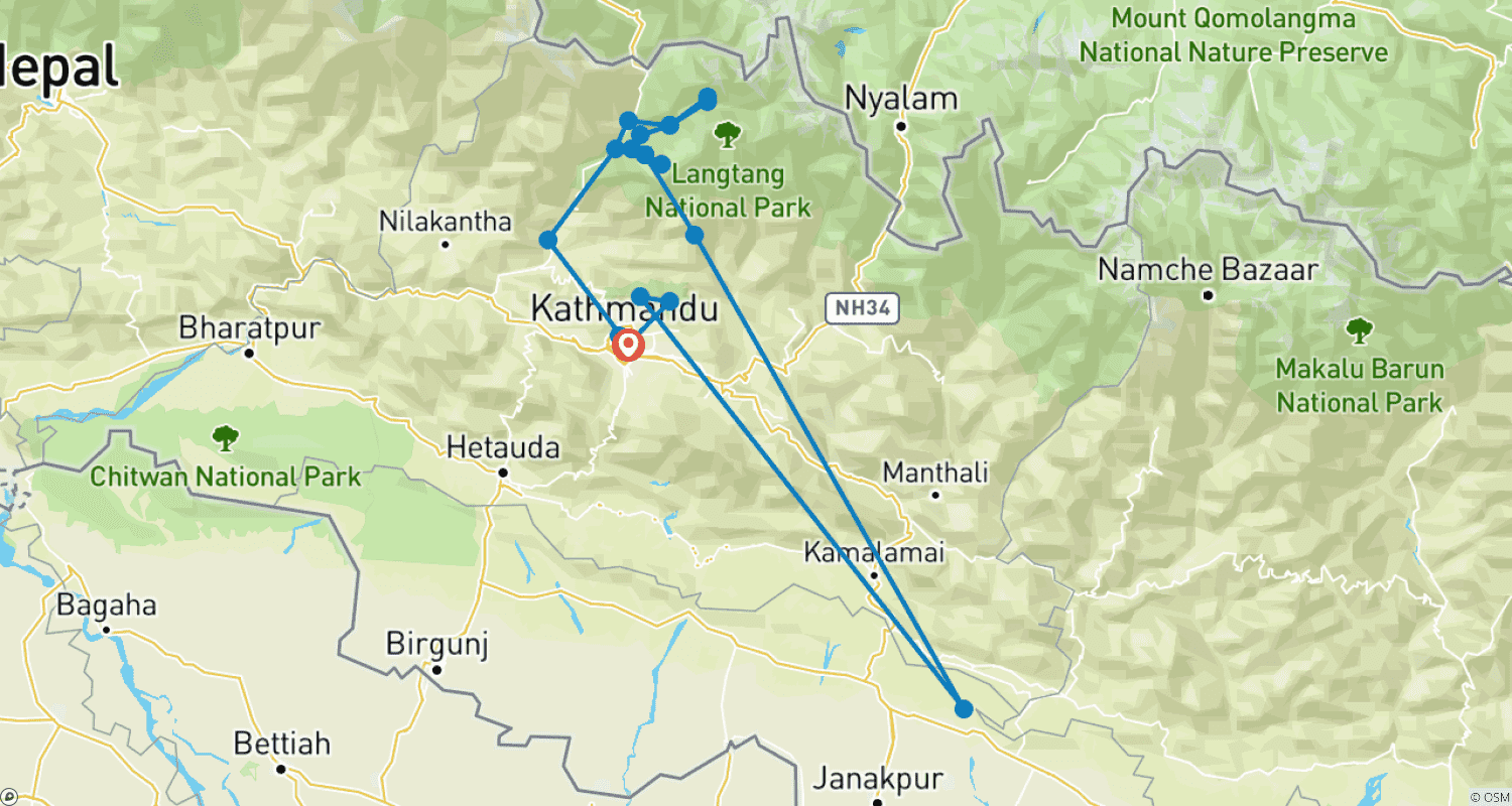 Mapa trasy: 15-dniowy trekking Langtang Gosainkunda Helambu
