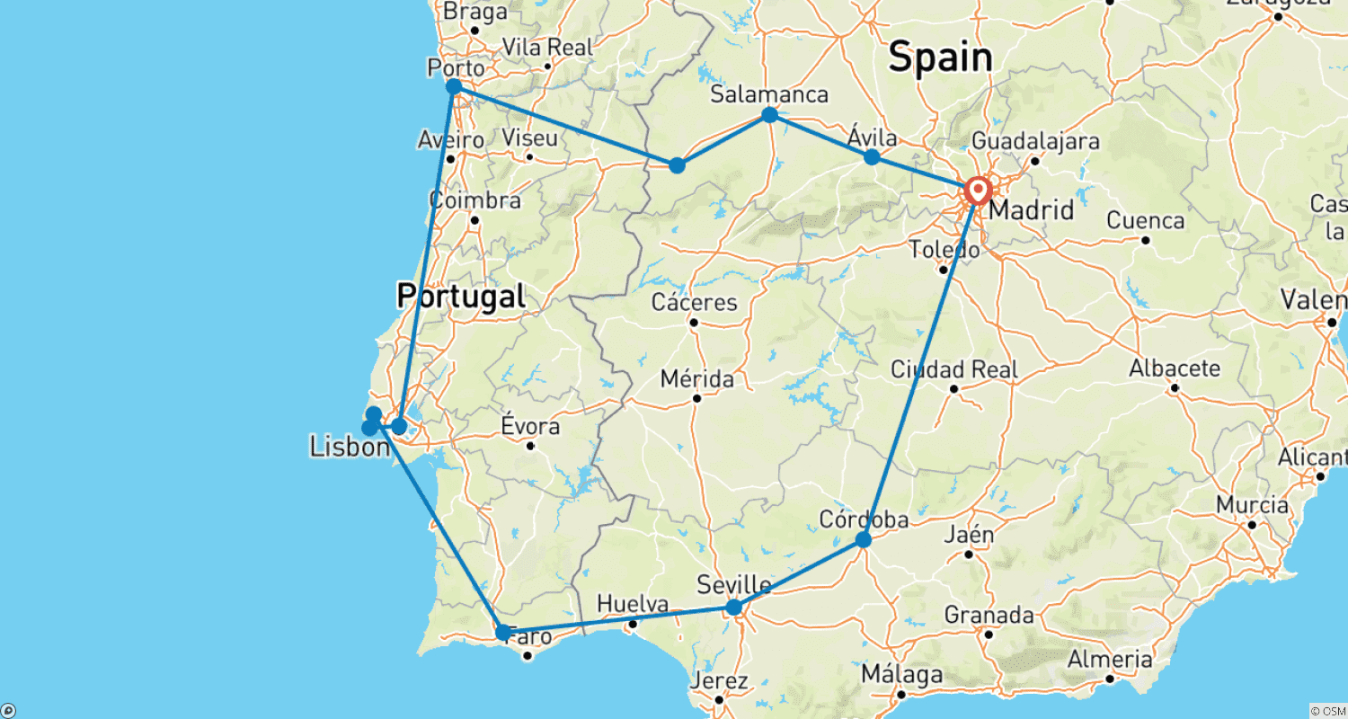 Mapa trasy: Najważniejsze atrakcje Hiszpanii i Portugalii (Klasyczna - Lato)