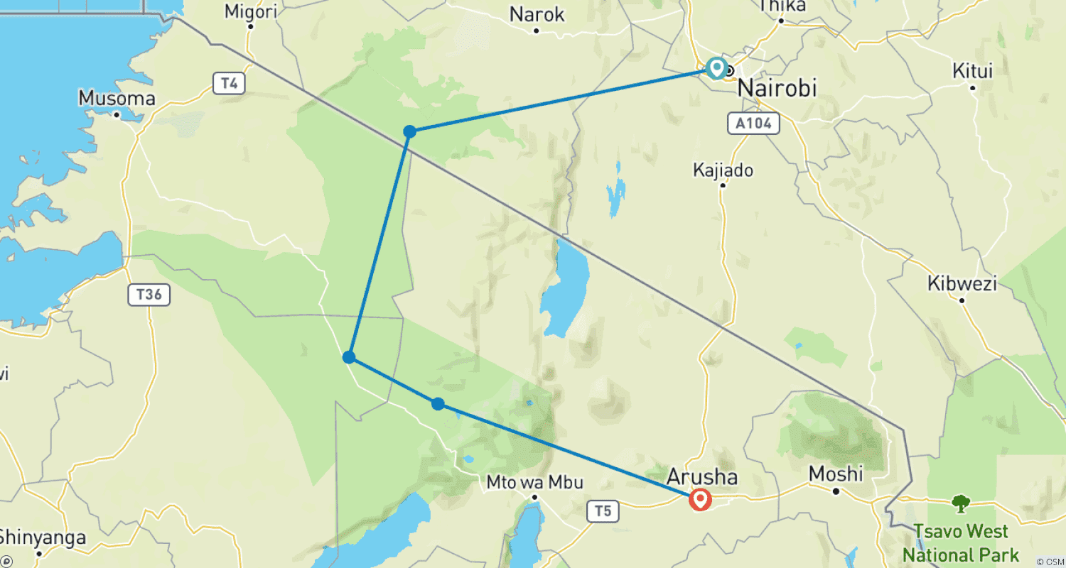 Mapa trasy: 5 dni Kenia i Tanzania najlepsze połączone Safari
