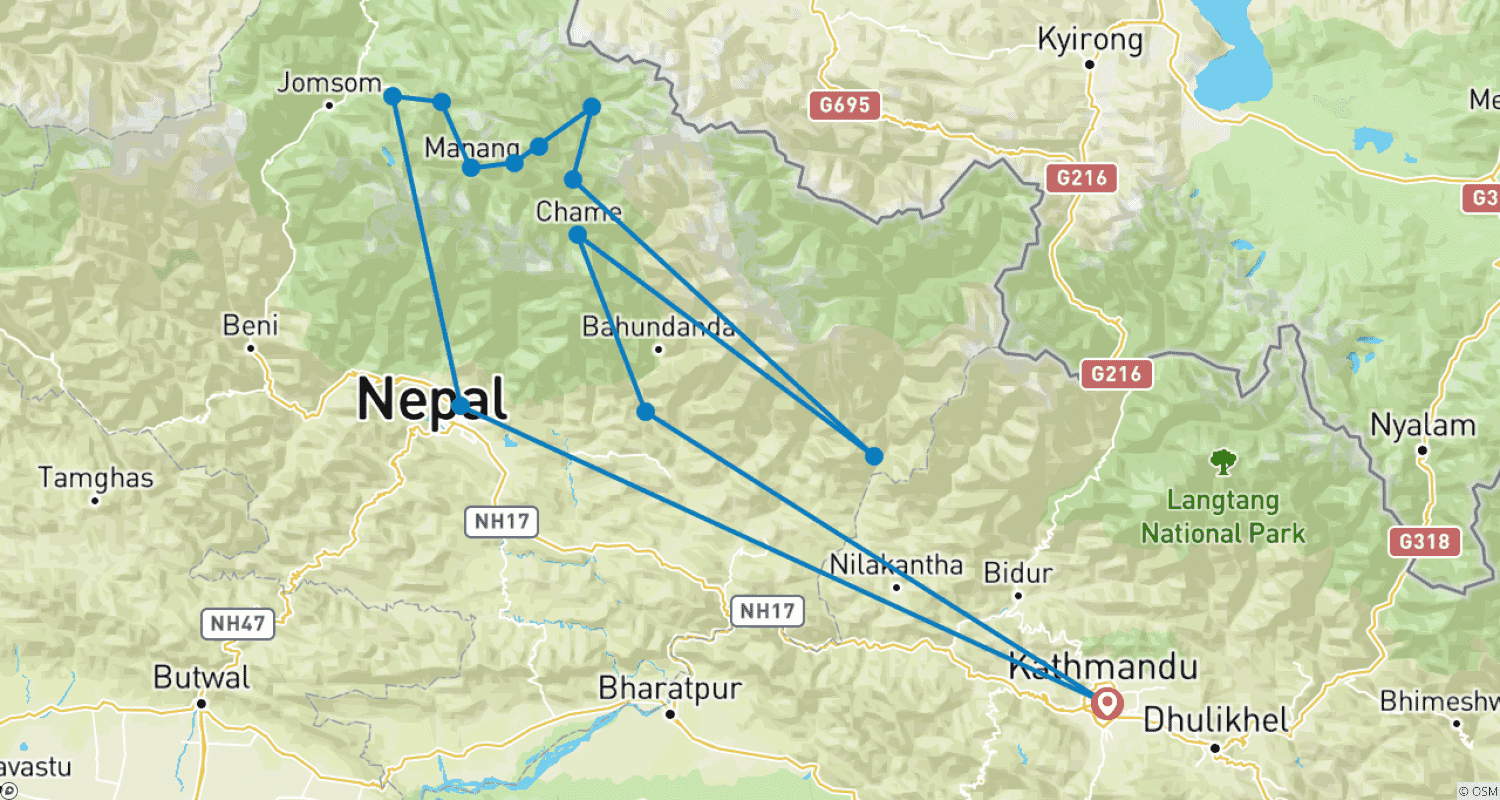 Mapa do percurso de Nar Phu Valley Trek 12 Days