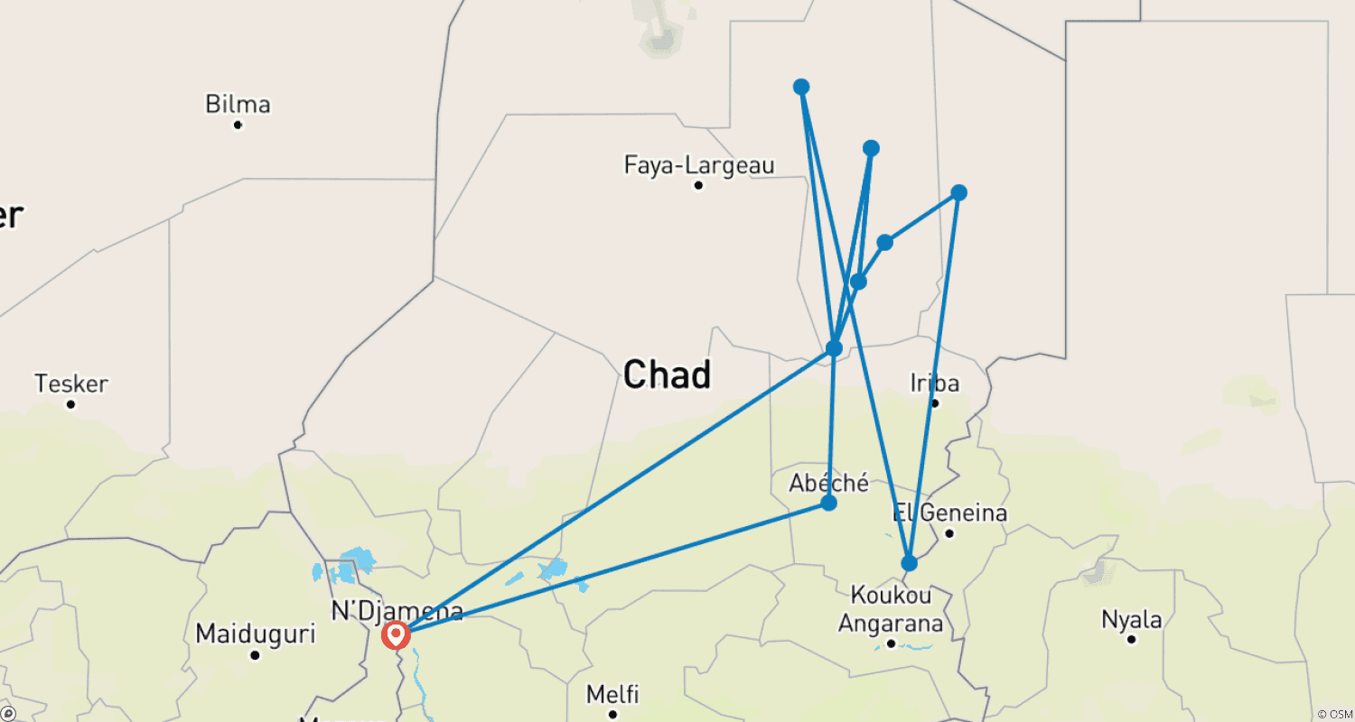 خريطة مسار Sahara – Ennedi & Lake Ounianga Discovery 15Days/14 Nights