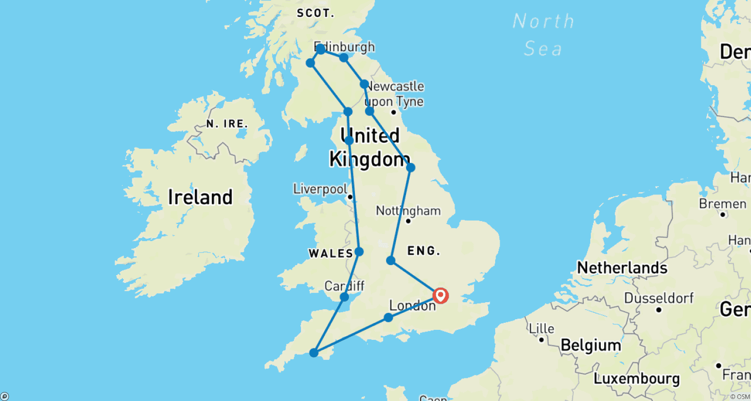 خريطة مسار أفضل ما في بريطانيا (كلاسيكية، صيفية، 9 أيام) (16 وجهة)