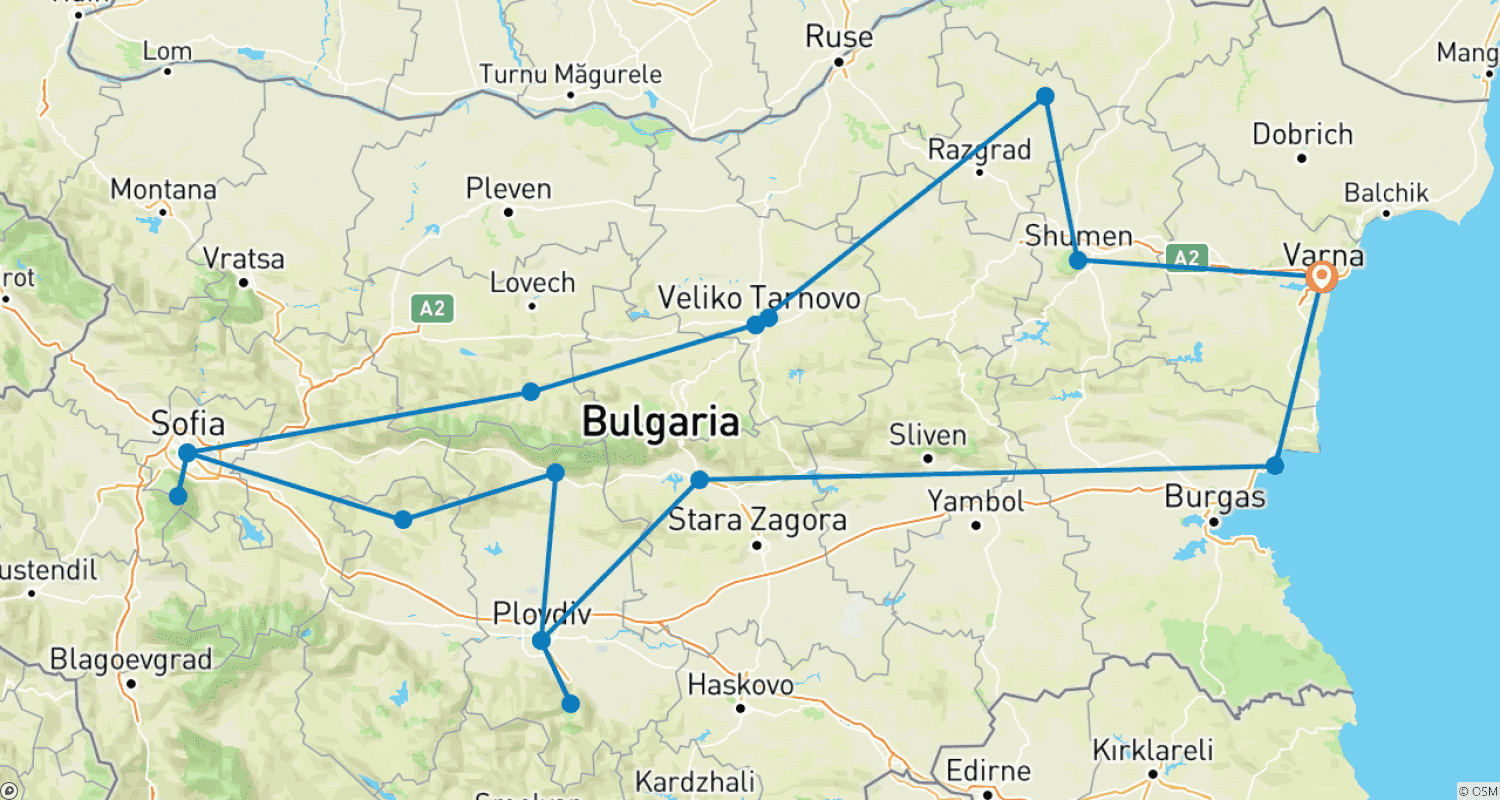 Mapa trasy: Odkryj Bułgarię w tydzień, podróż samochodem
