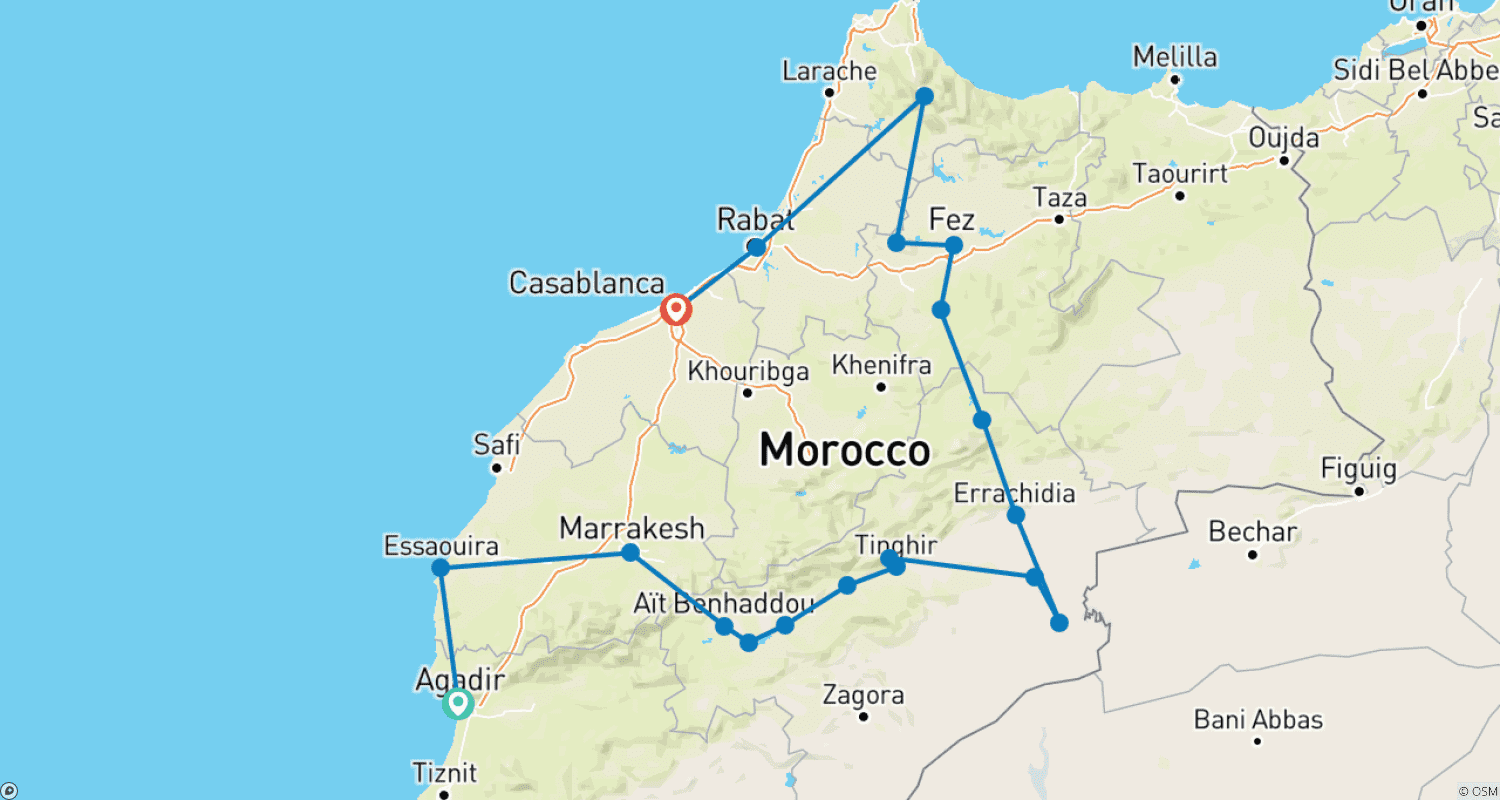 Mapa do percurso de Excursão de 9 Dias em Marrocos: De Agadir a Casablanca via Saara