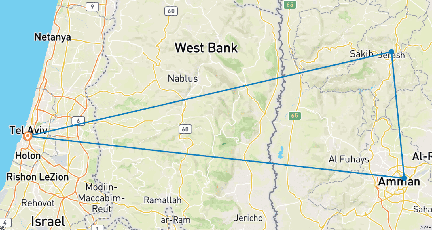 Mapa do percurso de Aventura em Petra, Jerash e Amã: 4 Dias / 3 Noites