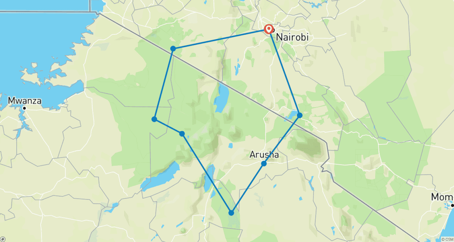 Mapa do percurso de Affordable Kenya Tanzania Safari