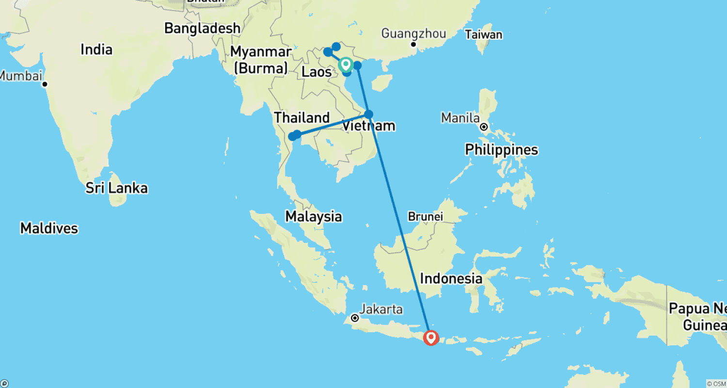 خريطة مسار روح جنوب شرق آسيا في 16 يومًا: رحلة ثقافة وهدوء (Vietnam,Thailand,Bali)