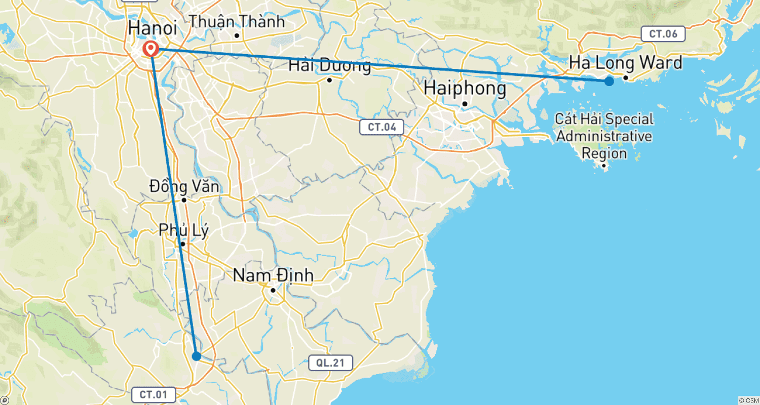 خريطة مسار جولة في شمال فيتنام لمدة 5 أيام: Hanoi - Ninh Binh - Ha Long Bay