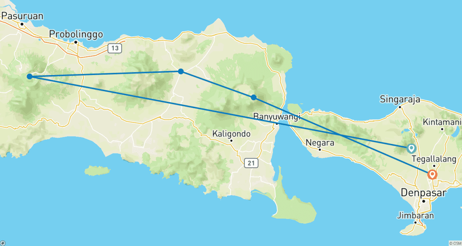Mapa do percurso de 4 Dias Java Bromo Ijen