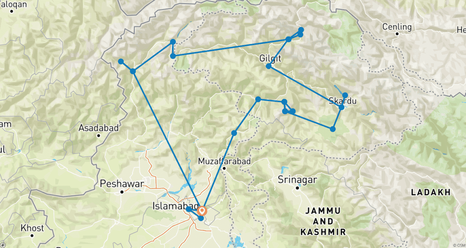 Mapa trasy: Karakorum Highway & Chitral Valley