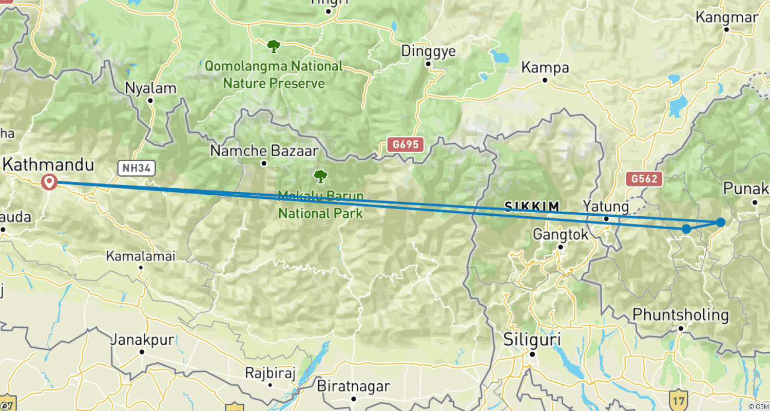 خريطة مسار 3 Night 4 Days Bhutan Tour Package