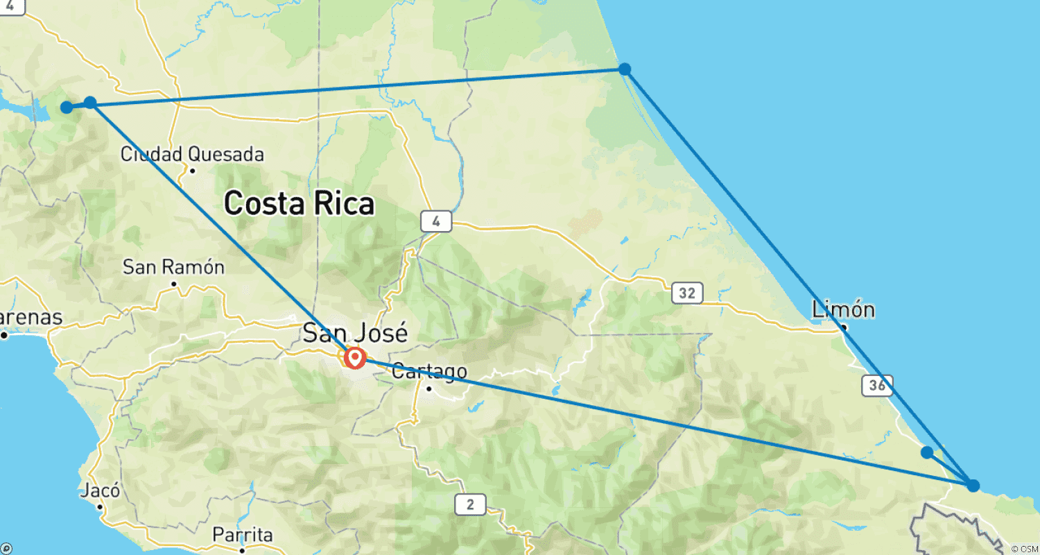 Mapa do percurso de Viagem Privada de 9 Dias à Costa Rica para Encontrar Mais de 1000 Espécies, Partidas Diárias