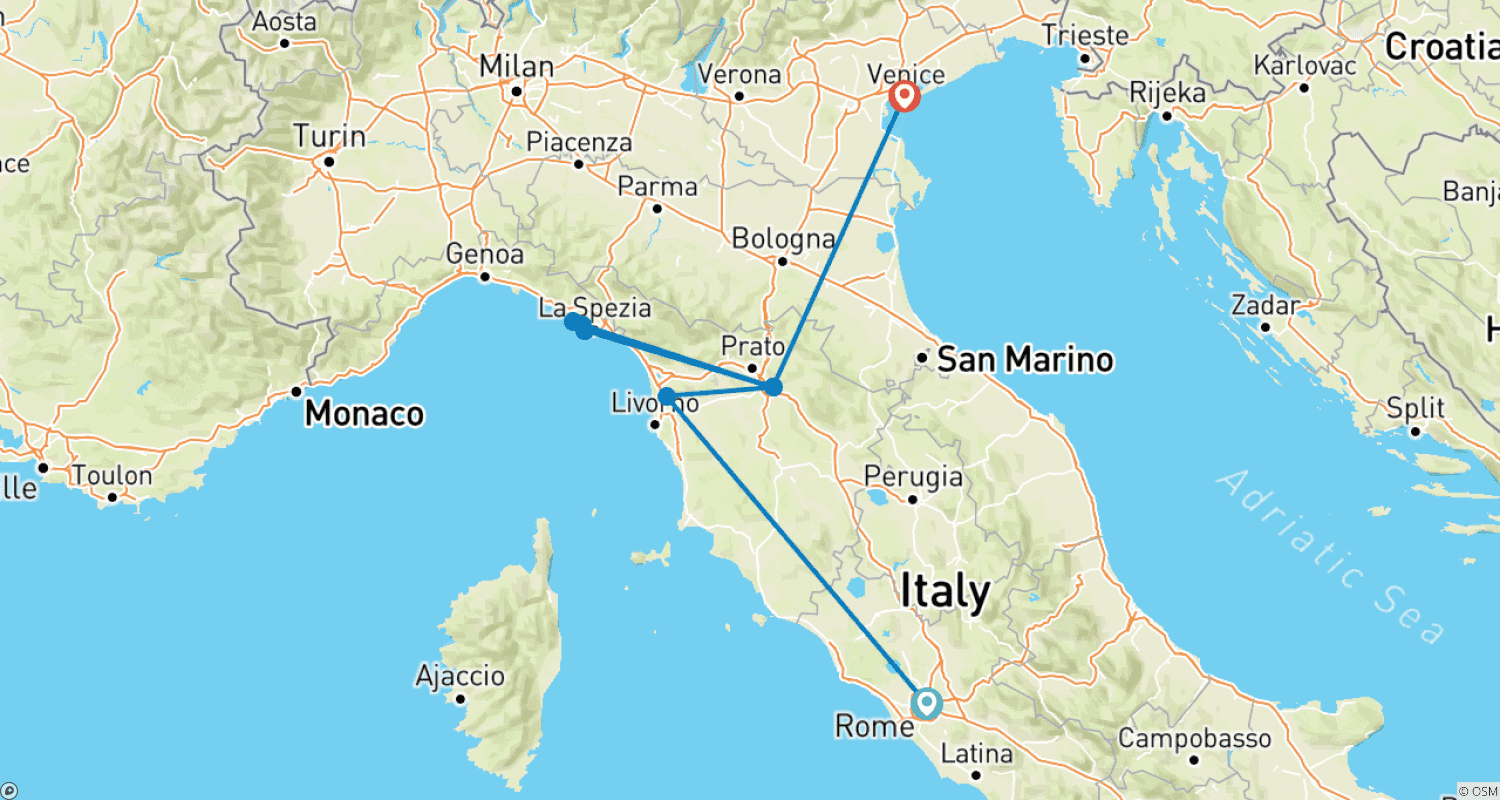 Mapa do percurso de Passeio pela Itália: Passeio de Gôndola e Visita a Cinque Terre