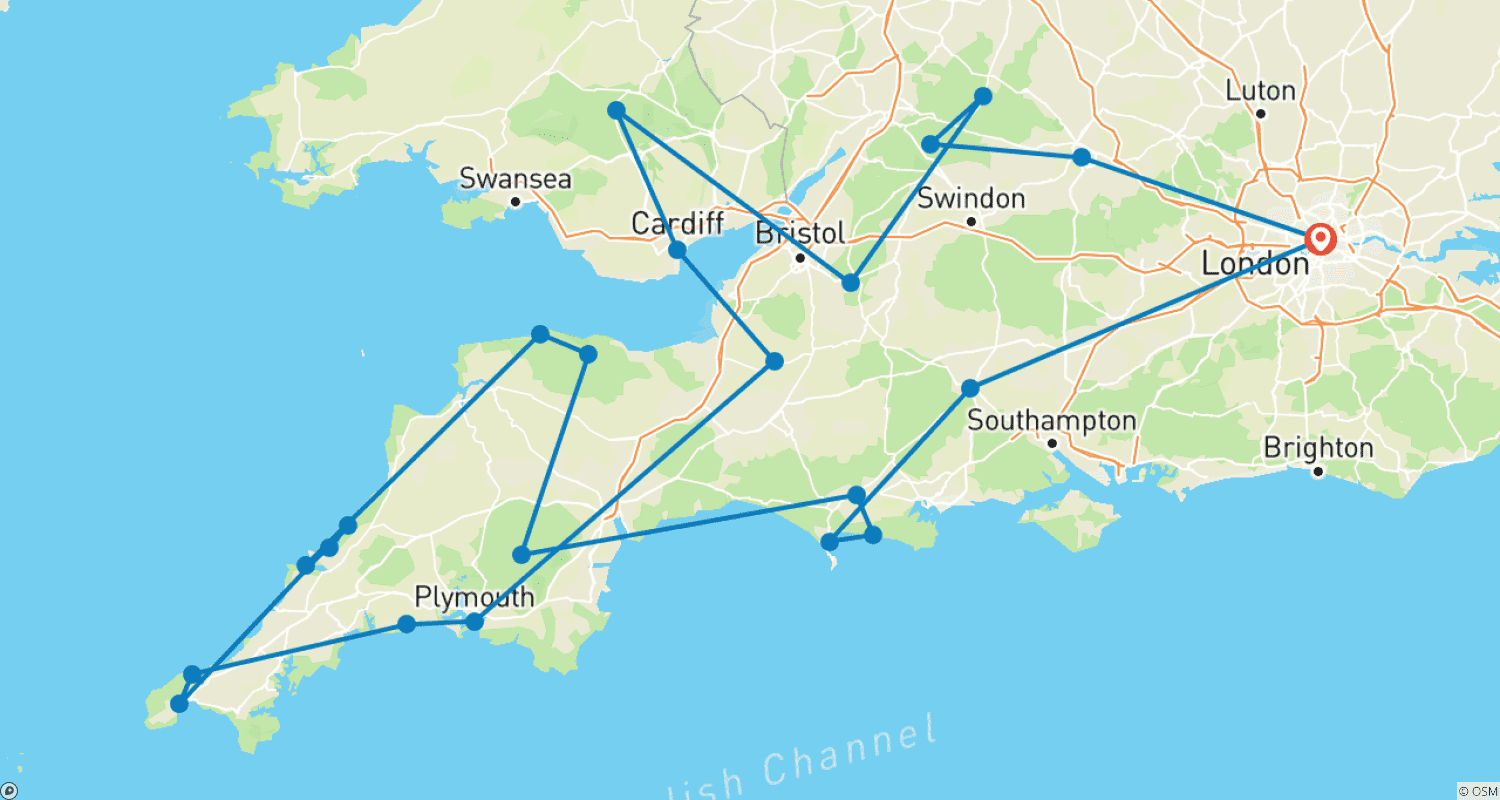 Mapa do percurso de Estradas Rurais do País de Gales, Devon & Cornwall (Pequenos Grupos, 13 Dias) (23 destinos)