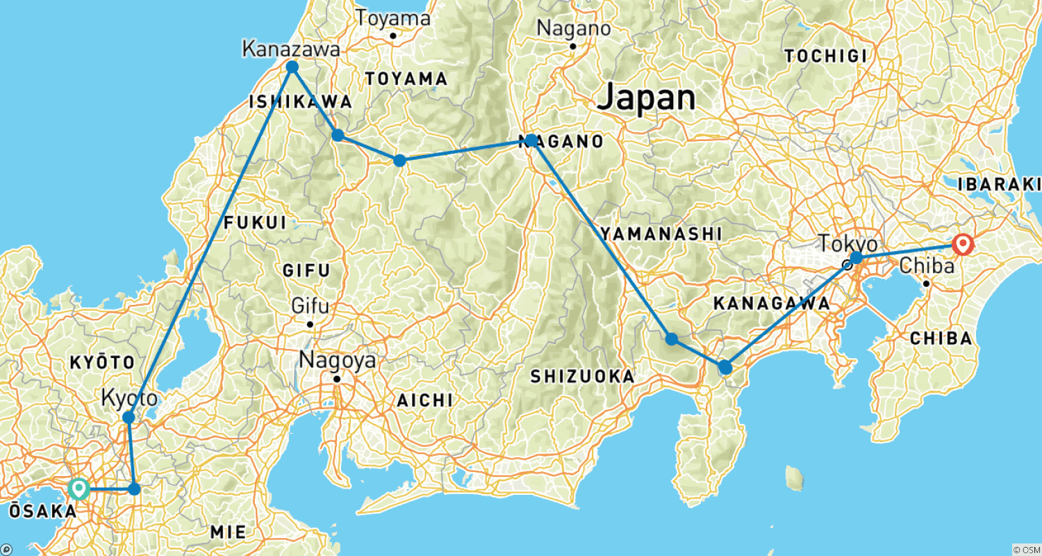 Mapa do percurso de JAPÃO – Destaques com Flor de Cerejeira