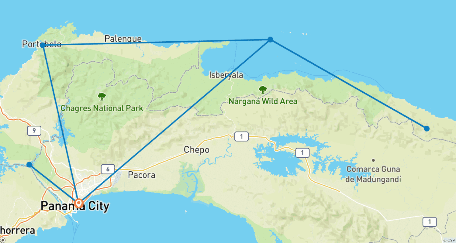 Mapa do percurso de Excursão Personalizada de 8 Dias pela História e Ilhas do Panamá, Partida Diária e Guia Privado