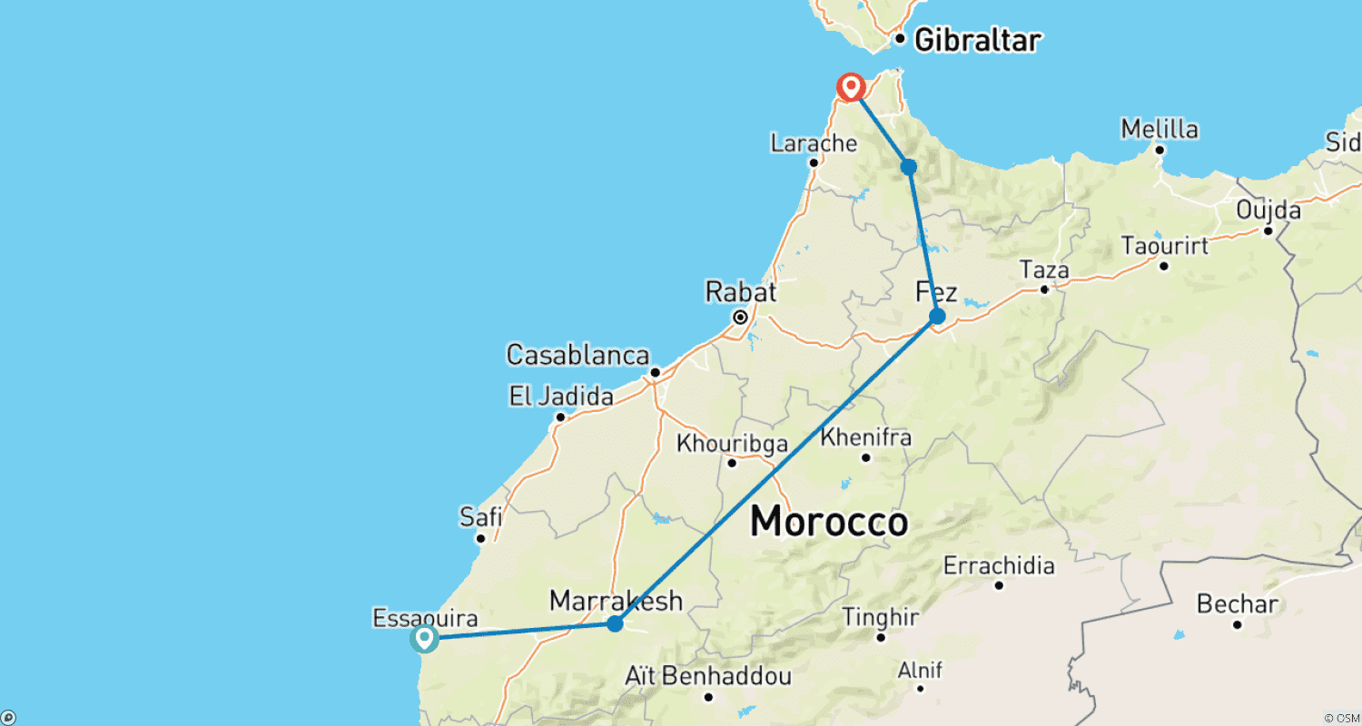Moroccan Cities from Coast to Coast - 14 Daysのルートマップ
