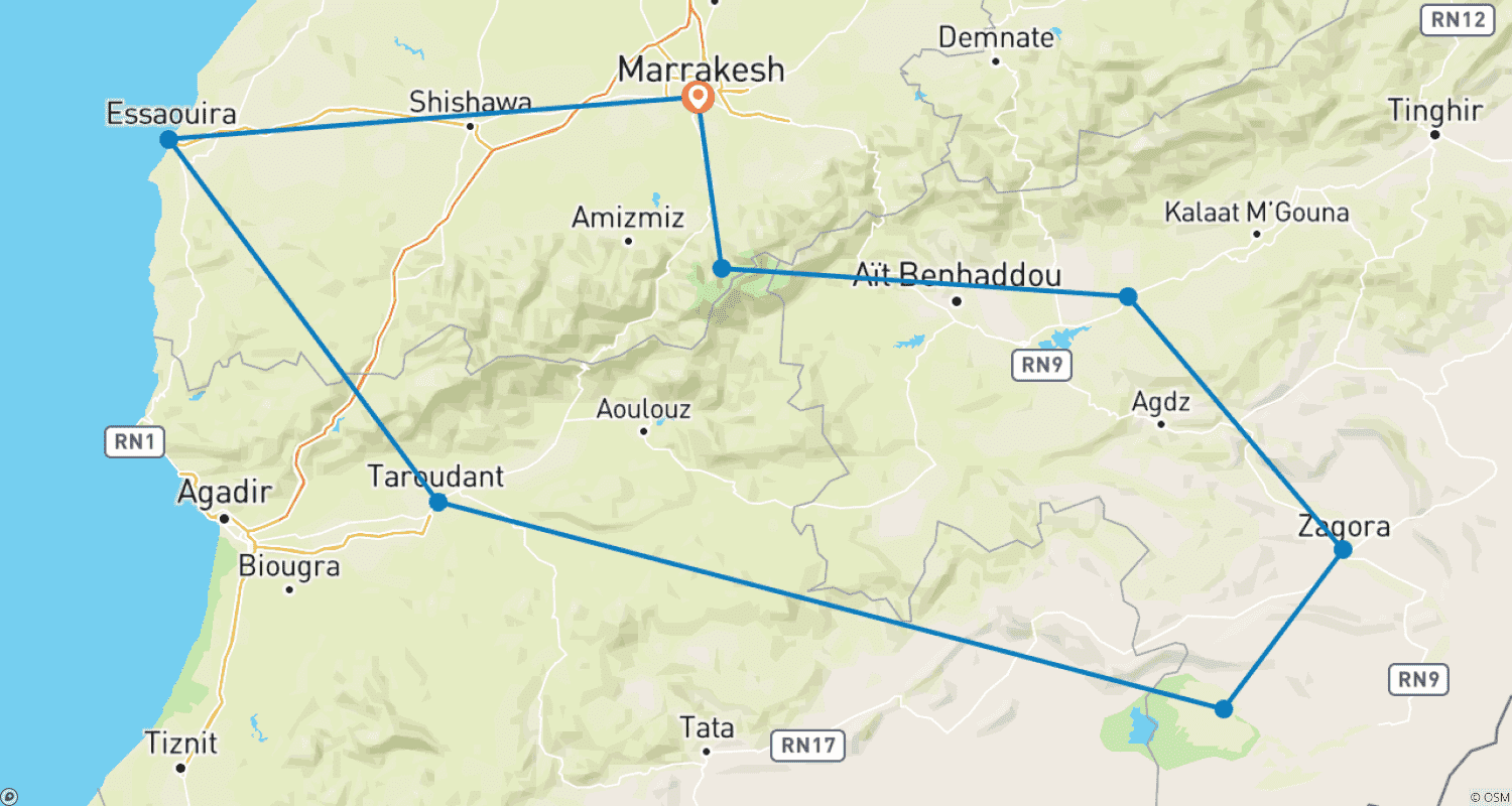 Mapa trasy: Przygoda w Południowym Maroku: Marrakesz do Essaouiry, Imlil, Skoura i Erg Chigaga - 14 dni