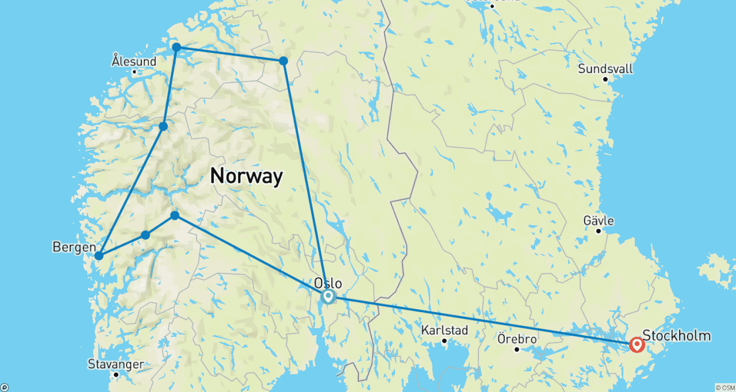 Mapa trasy: Fiordy, Urok i Tradycje & Sztokholm