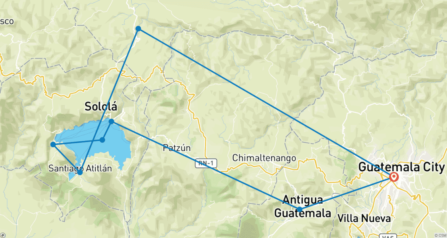 Mapa do percurso de Viagem Personalizada de 6 Dias à Guatemala com Lago Atitlán, Partidas Diárias (Privado)