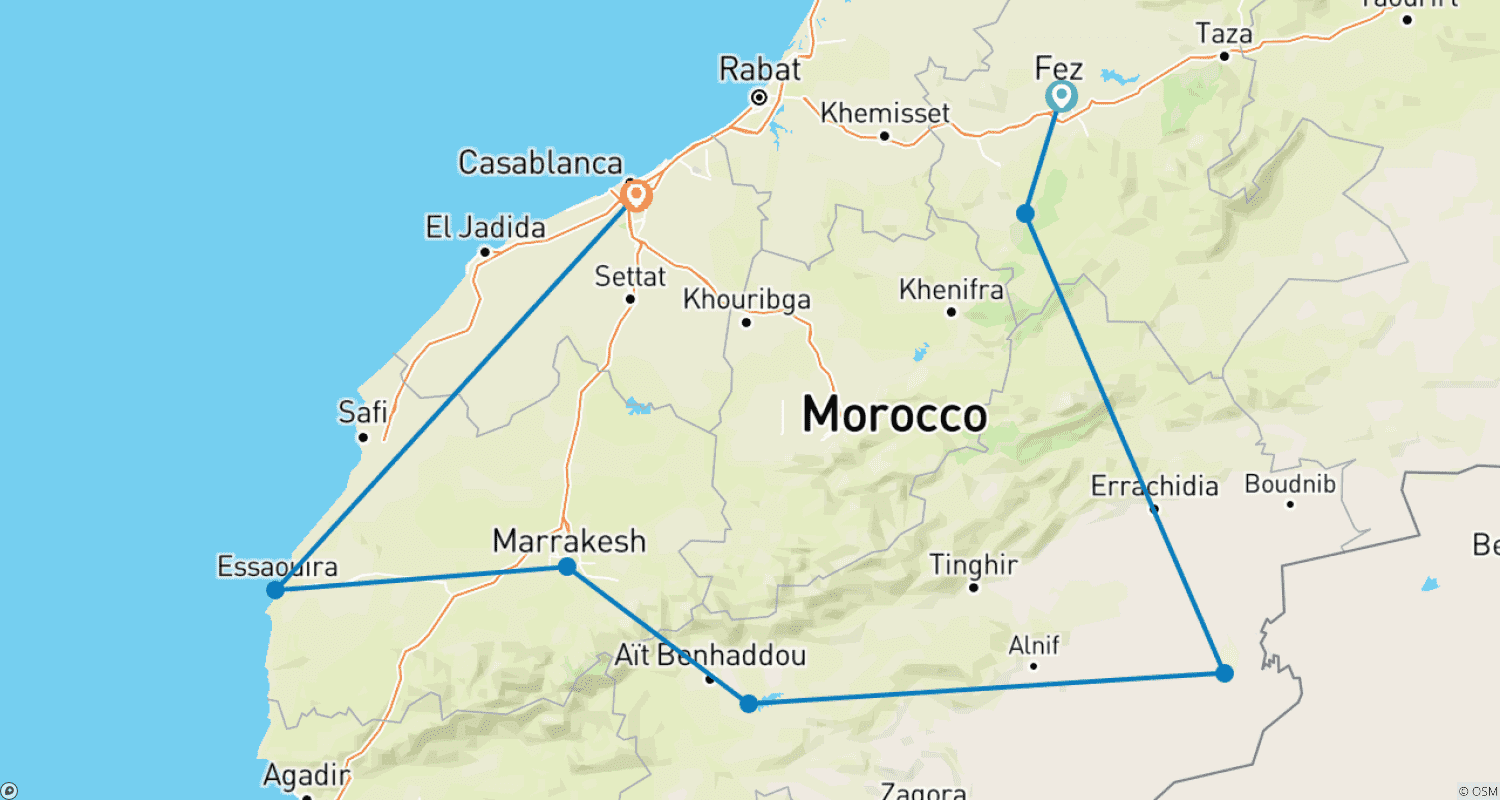 Mapa do percurso de De Fez a Casablanca: Deserto do Saara e Costa Atlântica - 12 Dias