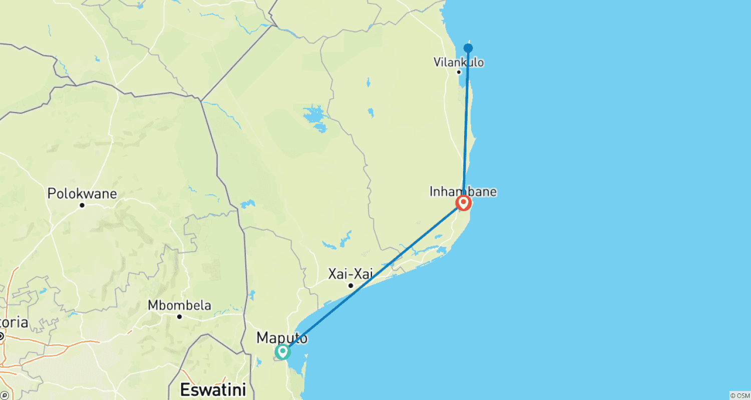 Mapa do percurso de Melhor Tour de 7 Dias em Moçambique, Feito à Medida, Partida Diária e Guia Privado