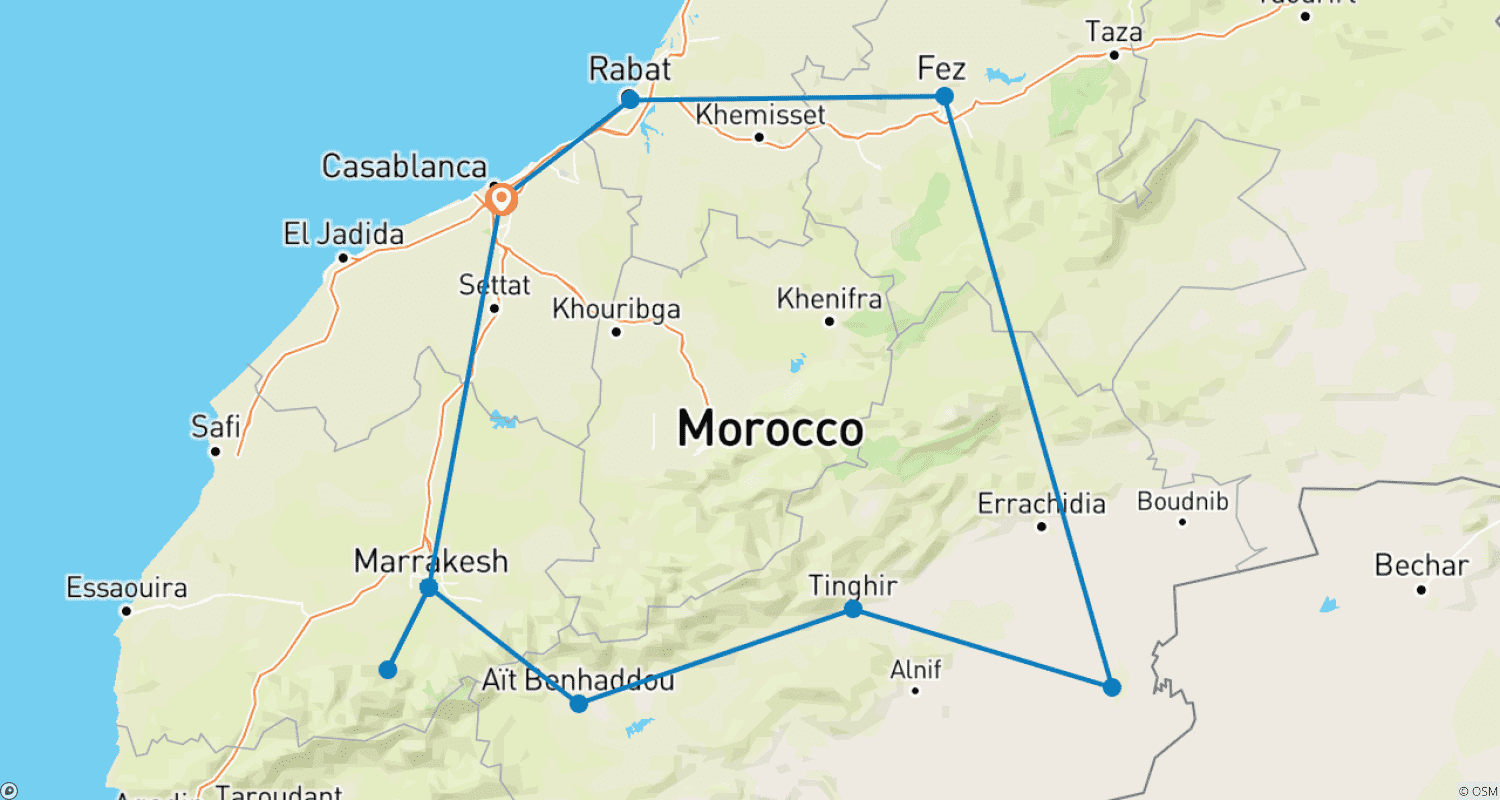 Mapa do percurso de Cidades Imperiais, Desertos Marroquinos e Caminhada nas Montanhas Atlas - 12 Dias