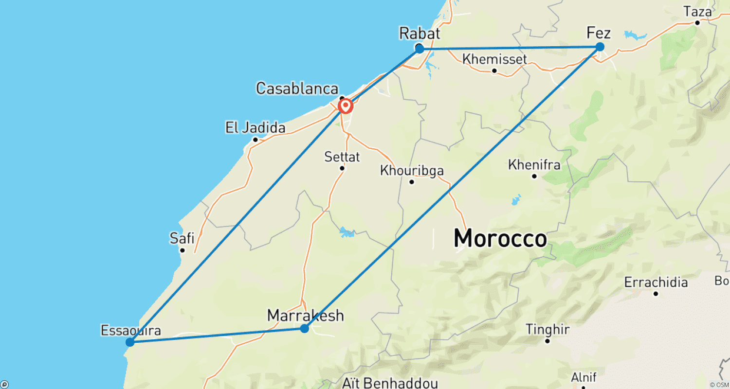 Mapa trasy: Odkryj Maroko: Od Cesarskich Miast po Góry Atlas i Wybrzeże - 12 Dni