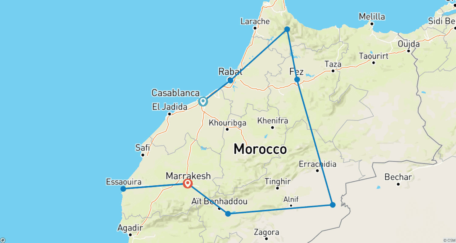 Mapa do percurso de Grande Roteiro por Marrocos: Cidades, Deserto e a Costa - 11 Dias